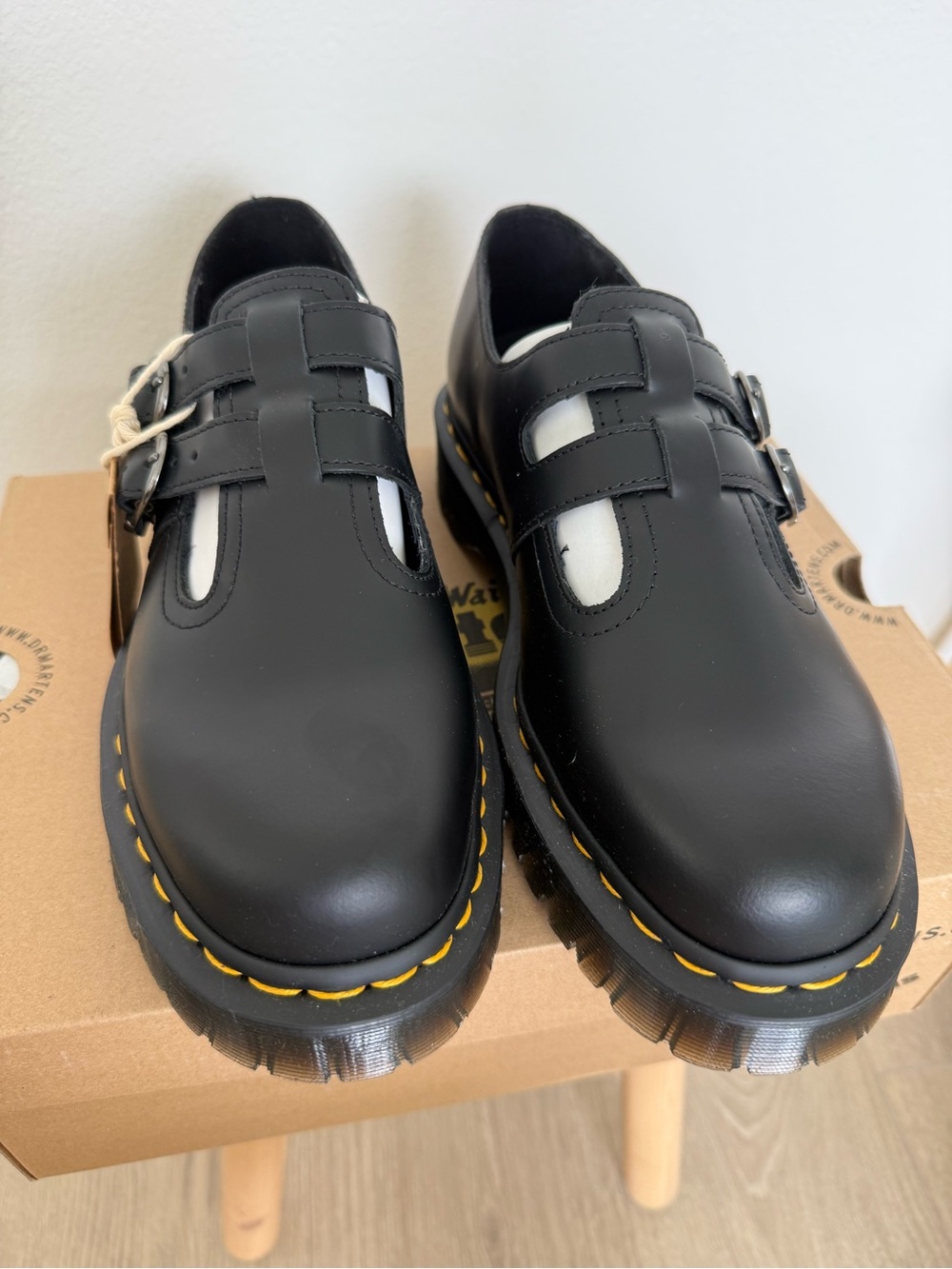 Dr. Martens Black Leather Chunky Loafers with Yellow Stitching